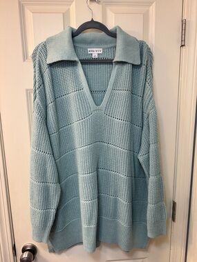 Ava & Viv Mint Green V-Neck Collared Knit Sweater